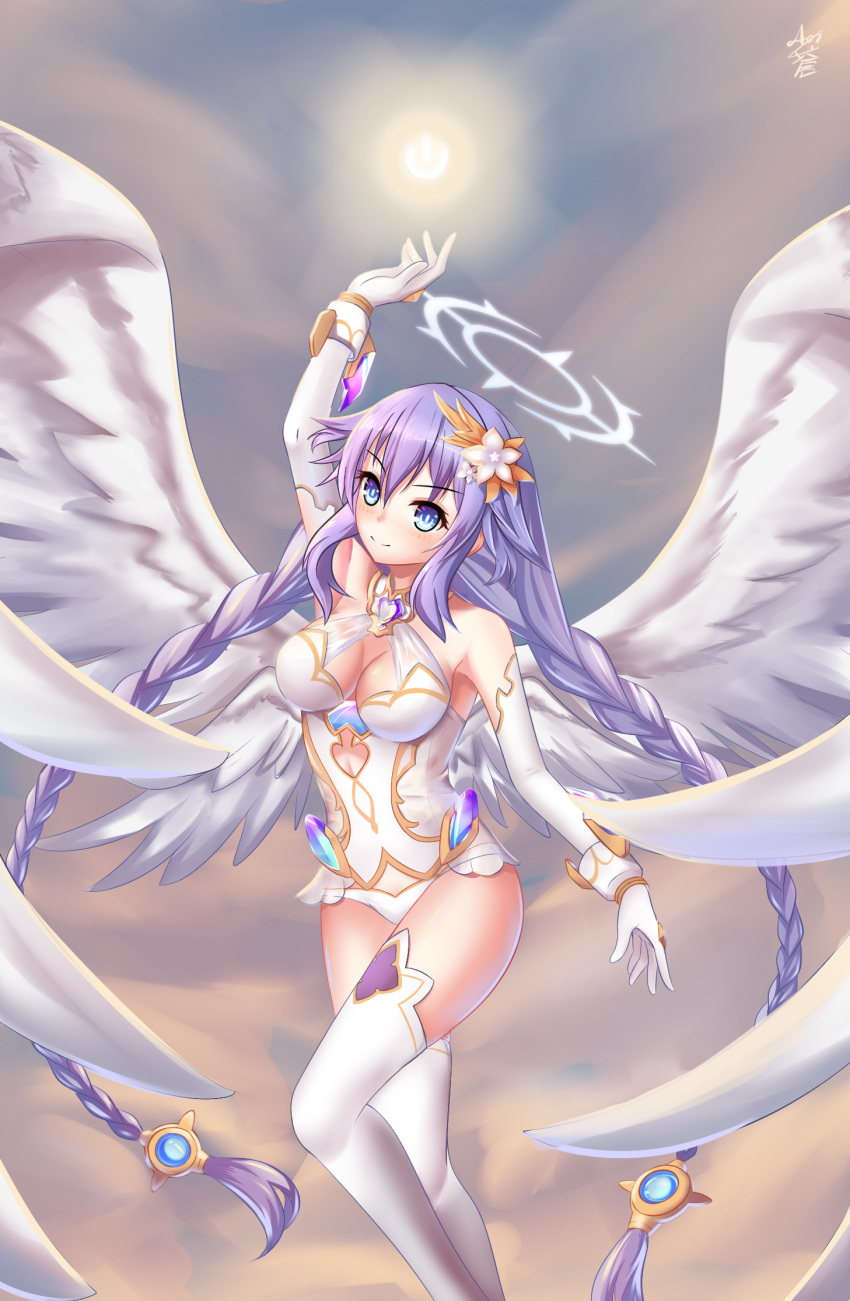 1girl angel_wings blue_eyes braid breasts cleavage closed_mouth flower four_goddesses_online:_cyber_dimension_neptune gloves hair_flower hair_ornament halo highres large_breasts long_hair neptune_(series) power_symbol purple_hair purple_heart smile solo symbol-shaped_pupils thigh-highs tied_hair twin_braids very_long_hair wings