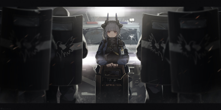 arknights brown_eyes cracked_glass cracked_window dragon_horns grey_hair ground_vehicle hands_on_hilt highres horns hummer humvee id_card jacket jakoujika lens_flare letterboxed liskam_(arknights) looking_at_viewer motor_vehicle red_eyes riot_shield scarf serious solo_focus
