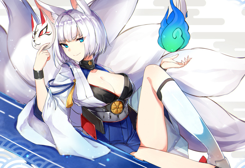 1girl animal_ears azur_lane bangs blue_eyes blue_fire blue_skirt blush breasts cleavage closed_mouth collar egasumi fire flight_deck fox_ears fox_girl fox_tail highres holding holding_mask japanese_clothes kaga_(azur_lane) kimono knee_up kneehighs large_breasts long_sleeves looking_at_viewer luse_maonang mask mask_removed multiple_tails open_clothes open_kimono short_hair silver_hair sitting skirt smile solo sweatband tail tassel thighs tsurime underbust white_background white_kimono white_legwear wide_sleeves