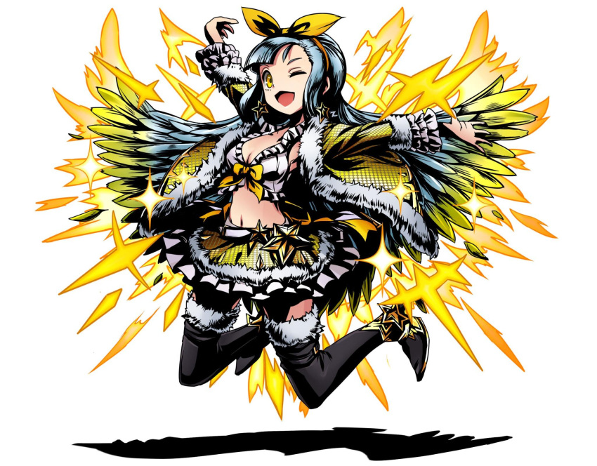 1girl ;d black_footwear blonde_hair boots breasts cleavage crop_top divine_gate earrings full_body grey_skirt hair_ribbon highres jewelry long_hair medium_breasts midriff miniskirt multicolored_hair navel one_eye_closed open_mouth outstretched_arms pleated_skirt ribbon silver_hair simple_background skirt smile solo star star_earrings stomach thigh-highs thigh_boots two-tone_hair ucmm very_long_hair white_background yellow_eyes yellow_hairband yellow_ribbon