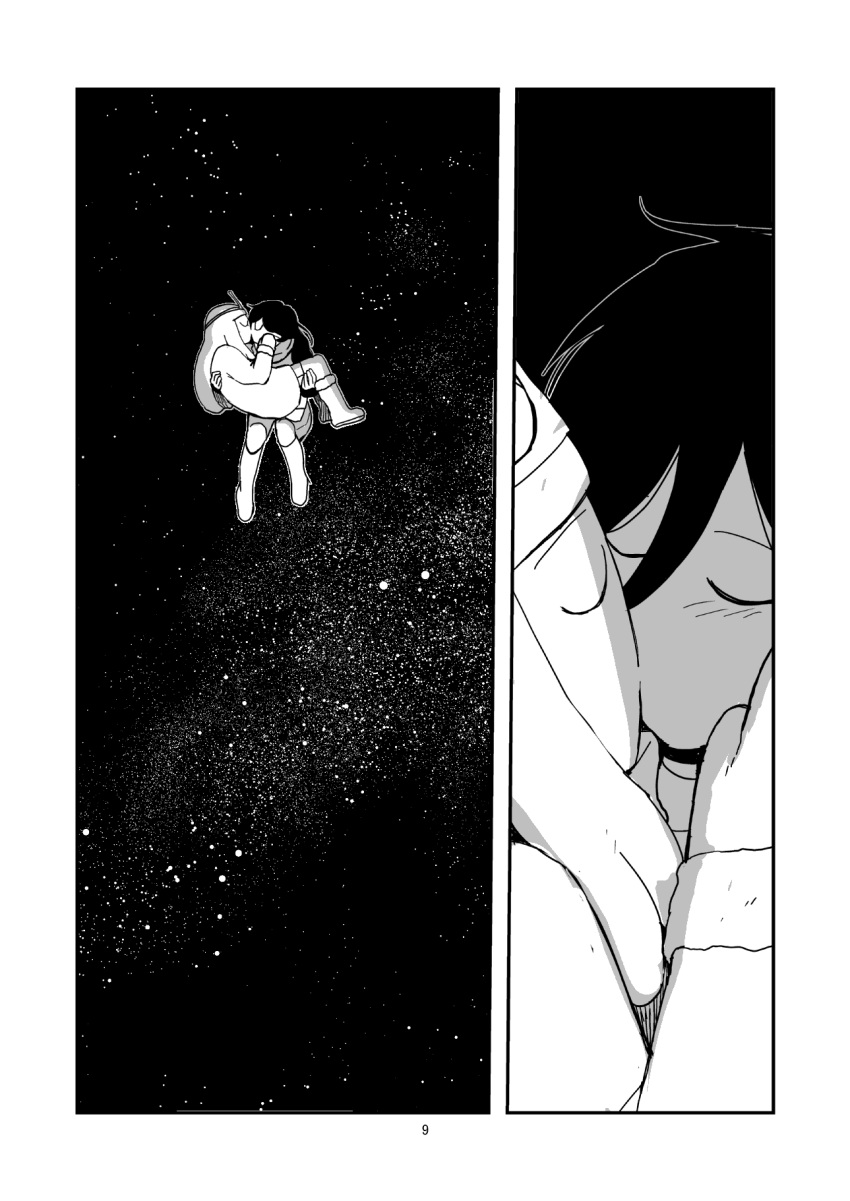 2girls adventure_time black_background boots carrying closed_eyes comic english greyscale hair_between_eyes highres kiss long_hair marceline_abadeer mittens monochrome multiple_girls music night night_sky official_style page_number princess_bonnibel_bubblegum princess_carry satoyoshi_fuyou scarf singing sky star_(sky) tiara yuri