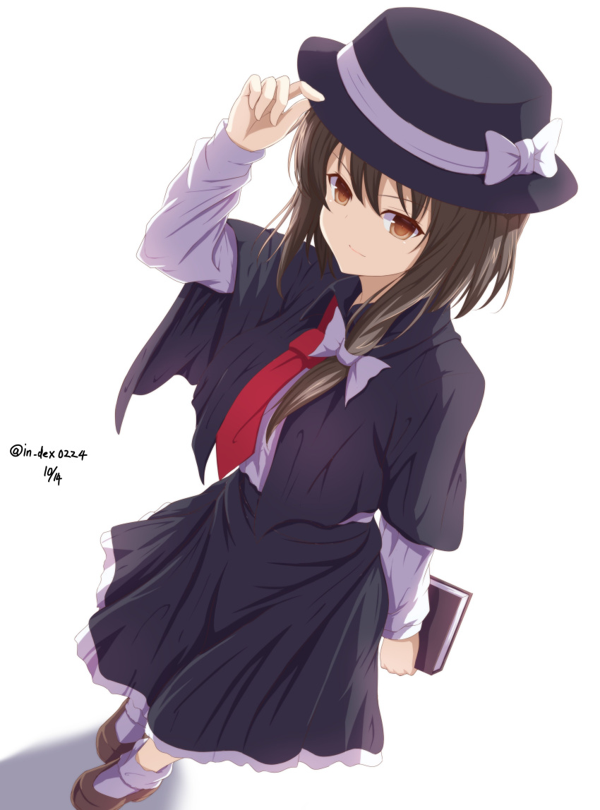 &gt;:) 1girl absurdres black_skirt bobby_socks book bow brown_eyes brown_hair capelet closed_mouth fedora furiruno hair_bow hat hat_bow highres looking_at_viewer red_neckwear shirt skirt smile socks solo touhou twitter_username usami_renko white_bow white_shirt