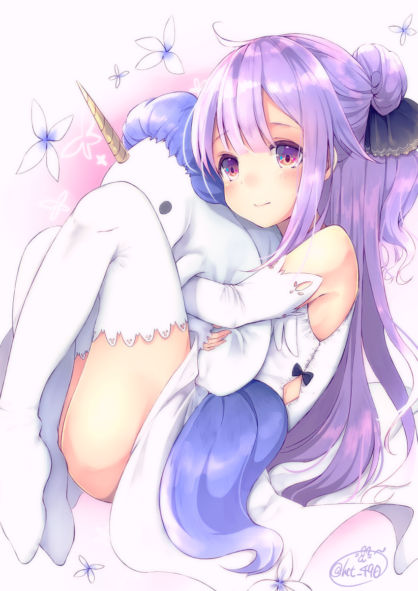 1girl azur_lane blush chita_(ketchup) commentary_request detached_sleeves dress gloves highres long_hair looking_at_viewer object_hug object_namesake purple_hair solo stuffed_animal stuffed_toy stuffed_unicorn thigh-highs unicorn_(azur_lane) very_long_hair violet_eyes white_gloves white_legwear
