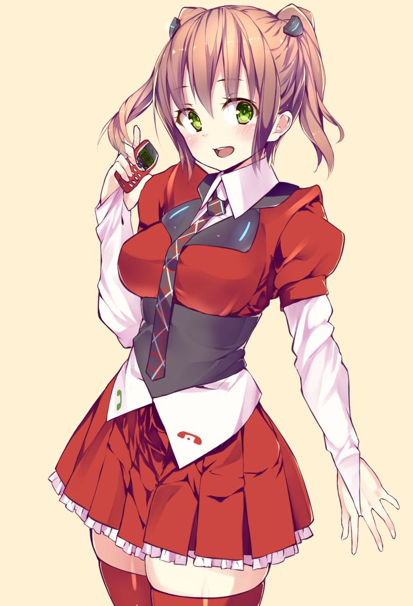 1girl black_neckwear blush bonkiru brown_hair cellphone eyebrows_visible_through_hair green_eyes highres holding holding_cellphone holding_phone looking_at_viewer open_mouth original personification phone red_legwear red_skirt short_twintails skirt smile solo thigh-highs twintails