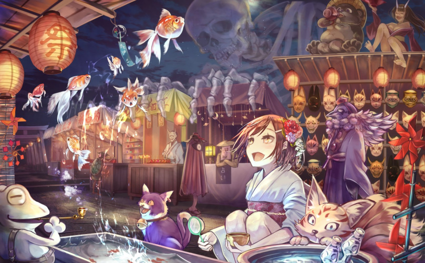 1girl bell bell_collar blush brat brown_eyes brown_hair cat collar eyebrows fish flower fox_mask frog hair_flower hair_ornament hairclip highres japanese_clothes kimono kneeling koi lantern looking_away mask open_mouth original paper_lantern pinwheel pipe short_hair skeleton smile