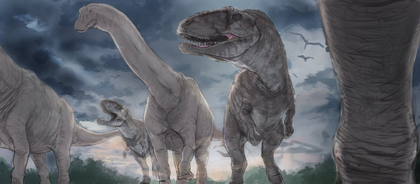 clouds cloudy_sky commentary_request day diplodocus forest highres kamemaru nature no_humans outdoors pterodactyl sky tree tyrannosaurus_rex