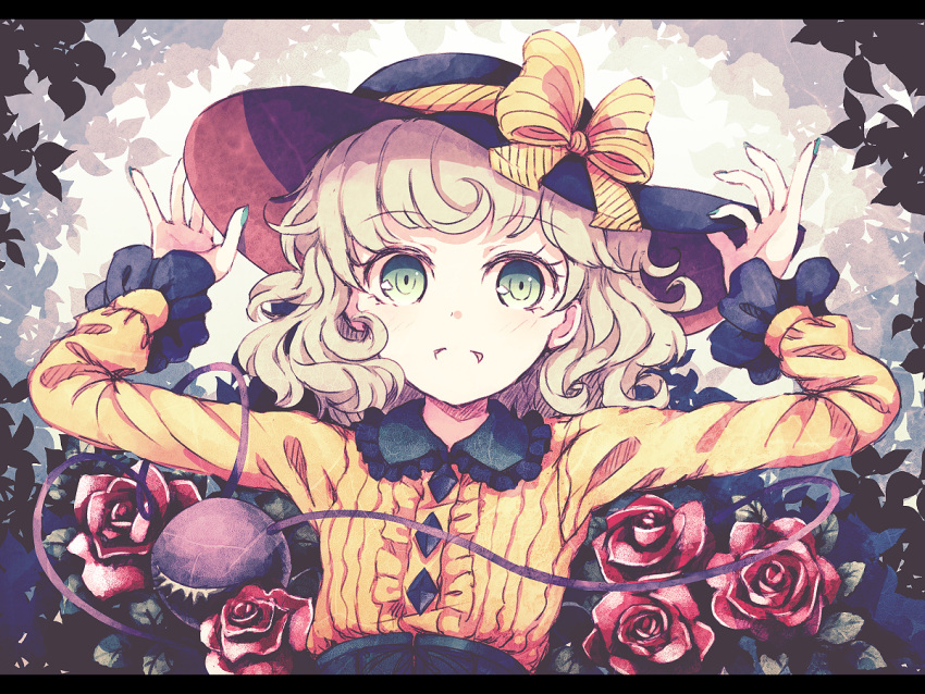 1girl bangs black_hat bow curly_hair dise flower frilled_sleeves frills gloves green_hair green_nails hat hat_bow komeiji_koishi long_sleeves looking_at_viewer nail_polish open_mouth red_rose rose shirt smile solo third_eye touhou upper_body yellow_bow yellow_shirt