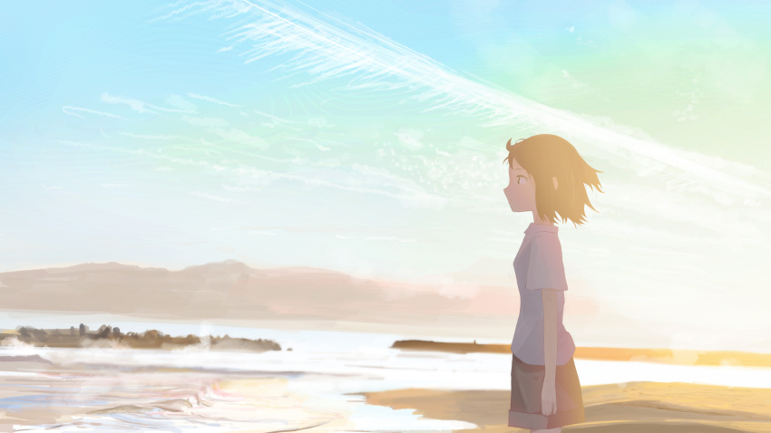 1girl absurdres bangs banishment blonde_hair brown_shorts clouds commentary_request cowboy_shot day from_side highres looking_afar ocean original outdoors profile scenery shirt shore short_hair short_sleeves shorts solo standing waves white_shirt