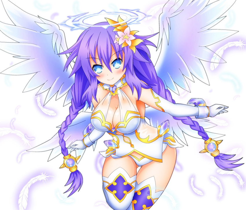 1girl angel_wings artist_name blue_eyes braid breasts cleavage closed_mouth cowboy_shot flower four_goddesses_online:_cyber_dimension_neptune gloves hair_flower hair_ornament halo highres large_breasts long_hair looking_at_viewer neptune_(series) power_symbol purple_hair purple_heart smile solo symbol-shaped_pupils tied_hair twin_braids very_long_hair wings