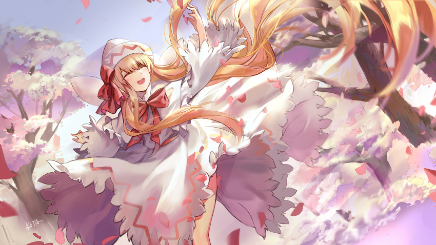 1girl blonde_hair capelet cherry_blossoms closed_eyes day elise_(piclic) hat highres lily_white long_hair outdoors skirt skirt_set smile solo spring touhou tree very_long_hair white_hat white_skirt wide_sleeves