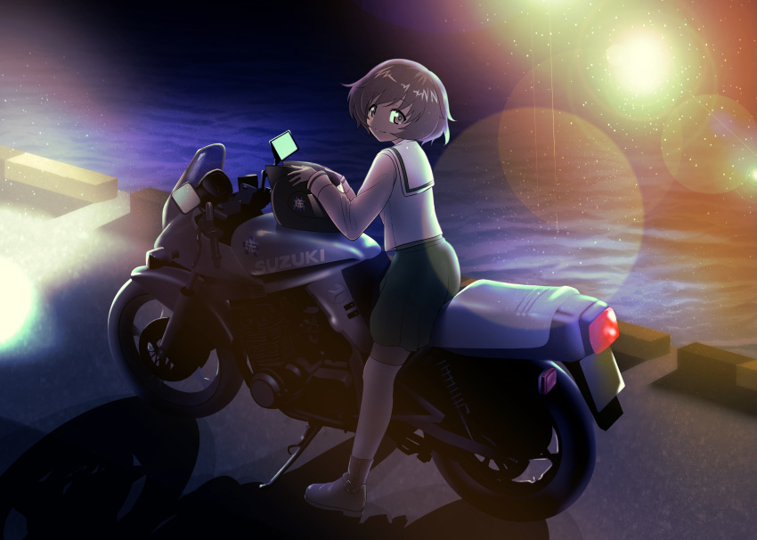 1girl akiyama_yukari ankle_boots bangs black_neckwear blouse boots brown_eyes brown_footwear brown_hair closed_mouth commentary_request emblem excel_(shena) girls_und_panzer green_skirt ground_vehicle helmet highres lens_flare light_particles light_smile long_sleeves looking_at_viewer looking_back messy_hair miniskirt motor_vehicle motorcycle motorcycle_helmet neckerchief night ocean ooarai_(emblem) ooarai_school_uniform pleated_skirt riding school_uniform serafuku short_hair skirt solo standing straddling suzuki_katana thigh-highs white_blouse white_legwear