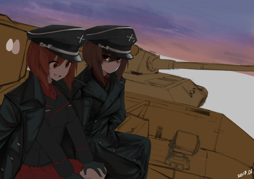 2girls black_jacket breasts brown_eyes brown_hair collared_shirt dated day girls_und_panzer ground_vehicle hair_between_eyes hands_in_pockets highres j.k. jacket jacket_on_shoulders large_breasts long_sleeves looking_at_viewer military military_uniform military_vehicle motor_vehicle multiple_girls nervous_smile nishizumi_maho nishizumi_miho outdoors pleated_skirt red_shirt red_skirt ringed_eyes shirt short_hair sitting skirt sweatdrop tank unfinished uniform