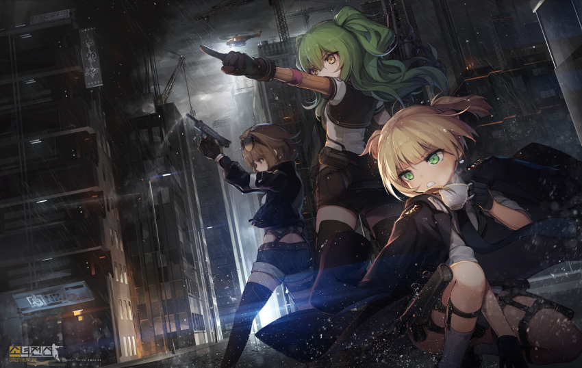 3girls aircraft bangs black_gloves black_legwear blonde_hair brown_eyes brown_hair building city clouds cloudy_sky copyright_name crane cup dated dutch_angle eyewear_on_head firing girls_frontline gloves green_eyes green_hair grimace grizzly_mkv_(girls_frontline) gun hair_between_eyes handgun helicopter highres holding holding_cup holding_gun holding_weapon holster jacket jacket_on_shoulders jakoujika lamppost lens_flare light_particles long_sleeves m950a_(girls_frontline) multiple_girls night one_knee outdoors pointing rain road searchlight shorts sky standing street sunglasses teacup thigh-highs twintails weapon welrod_mk2_(girls_frontline) wet_ground wet_pavement yellow_eyes