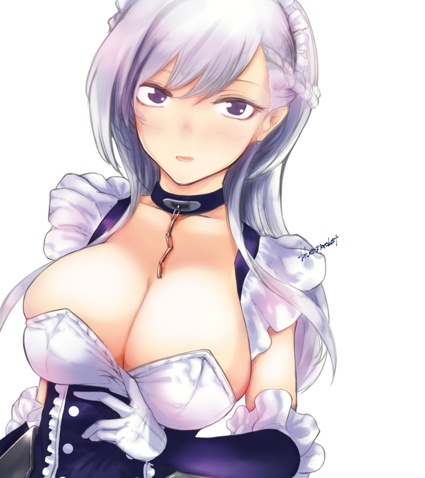 1girl azur_lane belfast_(azur_lane) blush breasts chains cleavage collar gloves highres kojima_(blue_stardust) large_breasts long_hair looking_at_viewer maid maid_headdress open_mouth silver_hair solo upper_body violet_eyes