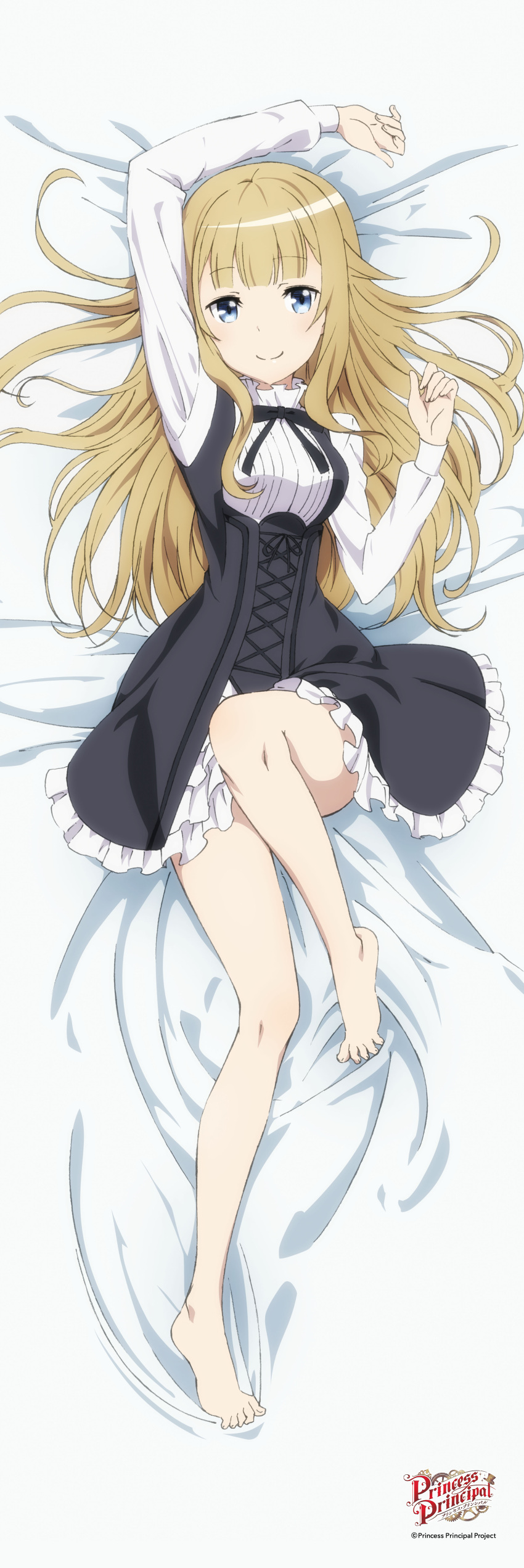 1girl absurdres arm_up barefoot black_dress black_ribbon blonde_hair blue_eyes copyright_name dakimakura dress eyebrows_visible_through_hair feet frilled_dress frills from_above full_body highres long_hair looking_at_viewer lying neck_ribbon official_art on_back pinafore_dress princess_(princess_principal) princess_principal ribbon shirt smile solo toes very_long_hair white_shirt