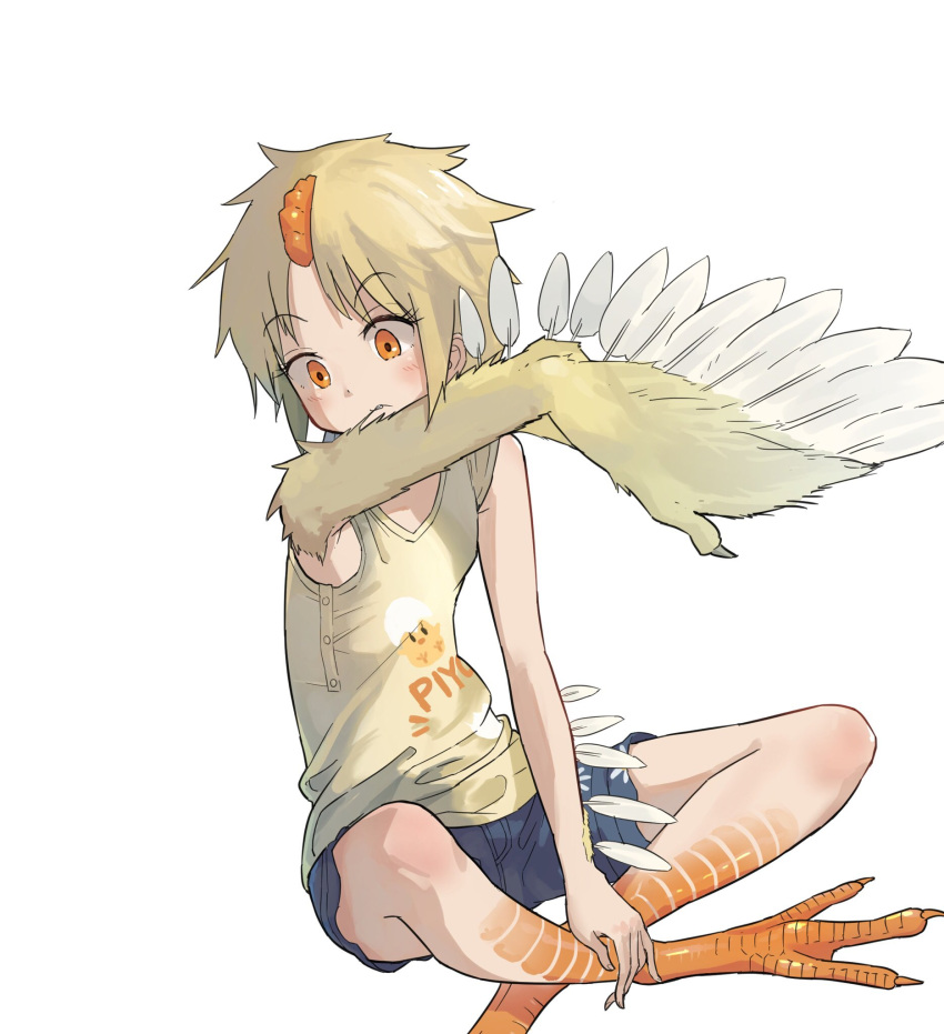 1girl bangs bare_arms bare_shoulders biting_arm blush brown_shorts claws closed_mouth clothes_writing commentary_request eyebrows_visible_through_hair feathers green_shirt highres indian_style kamemaru monster_girl orange_hair original shirt short_hair shorts simple_background sitting solo white_background wings