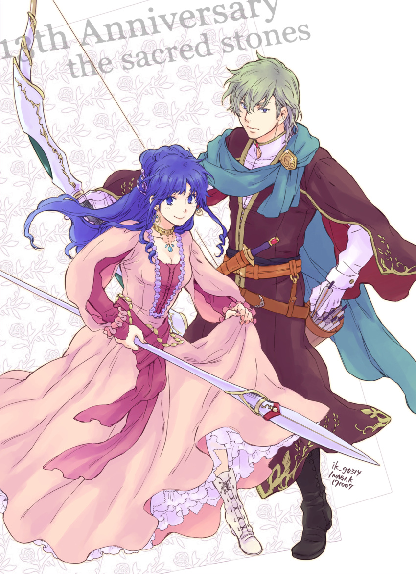 alternate_costume anniversary arrow artist_name belt blue_eyes blue_hair boots bow breasts brother_and_sister capelet cleavage copyright_name corset cross-laced_footwear dagger dress earrings fire_emblem fire_emblem:_seima_no_kouseki full_body gloves green_hair highres inagi innes jewelry lance long_hair long_sleeves looking_at_viewer medium_breasts necklace nib_pen_(medium) pink_dress polearm ponytail quiver robe sash scabbard scarf sheath siblings skirt_hold smile tana traditional_media weapon white_gloves