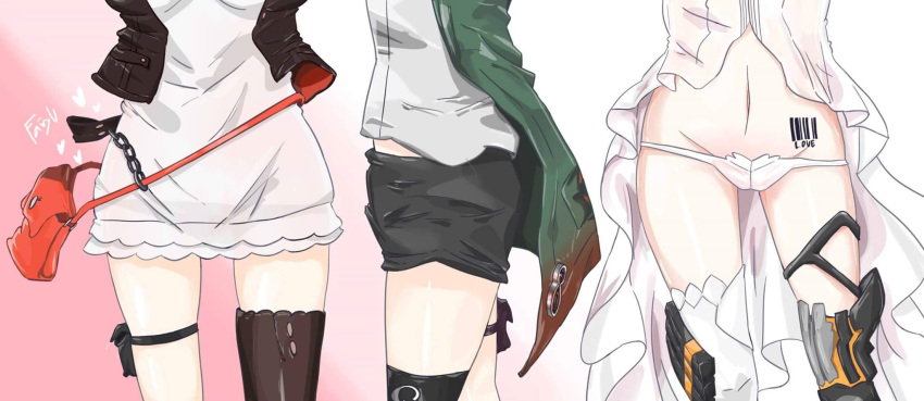 3girls ammunition_pouch artist_signature barcode barcode_tattoo black_pants black_shorts boots chains dress fairyu fal_(girls_frontline) from_side g11_(girls_frontline) g41_(girls_frontline) girls_frontline gradient gradient_background highres jacket midriff_peek mismatched_legwear multiple_girls navel open_clothes open_jacket panties pants pouch see-through shirt short_shorts shorts single_thighhigh standing stomach tattoo thigh-highs thigh_boots thigh_strap thighs underwear white_legwear white_panties white_shirt