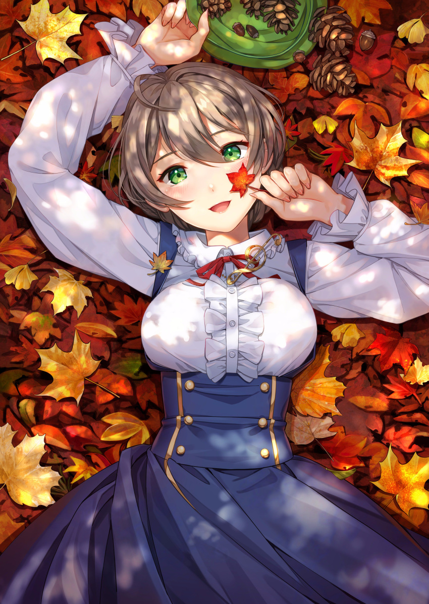 1girl absurdres acorn ahoge autumn_leaves blush braid breasts brown_hair frilled_sleeves frills green_eyes highres idolmaster idolmaster_million_live! idolmaster_million_live!_theater_days joey_koguma large_breasts light_brown_hair looking_at_viewer lying musical_note on_back open_mouth pinecone sakuramori_kaori short_hair smile solo tied_hair