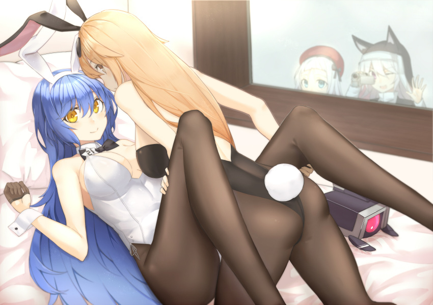 4girls ;d all_fours animal_ears ass beret black_legwear blonde_hair blue_eyes blue_hair blush breasts bunny_tail bunnysuit camcorder closed_mouth dinergate_(girls_frontline) fake_animal_ears girls_frontline hat highres indoors knees_up large_breasts leotard looking_at_viewer looking_back lying m1918_bar_(girls_frontline) mag_(mag42) mp5_(girls_frontline) multiple_girls nun on_back on_bed one_eye_closed open_mouth p7_(girls_frontline) pantyhose rabbit_ears smile tail tar-21_(girls_frontline) thighs veil violet_eyes white_hair white_leotard window yellow_eyes yuri