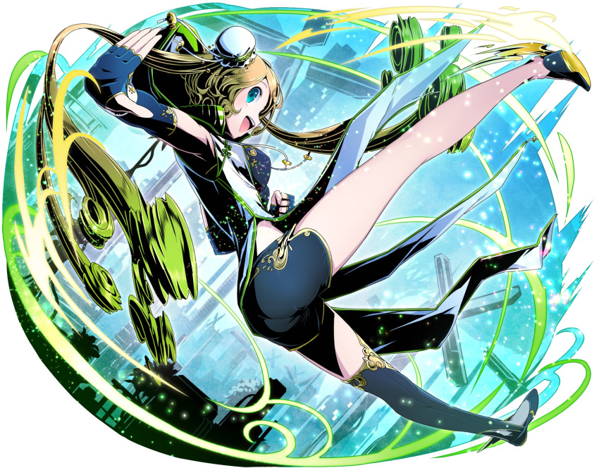 1girl :d aqua_eyes armpits asymmetrical_legwear black_shorts blonde_hair blue_gloves clenched_hand divine_gate double_bun elbow_gloves fingerless_gloves full_body gloves green_hair highres long_hair looking_at_viewer multicolored_hair open_mouth outstretched_arm shadow short_shorts short_sleeves shorts simple_background smile solo thigh-highs two-tone_hair ucmm very_long_hair white_background