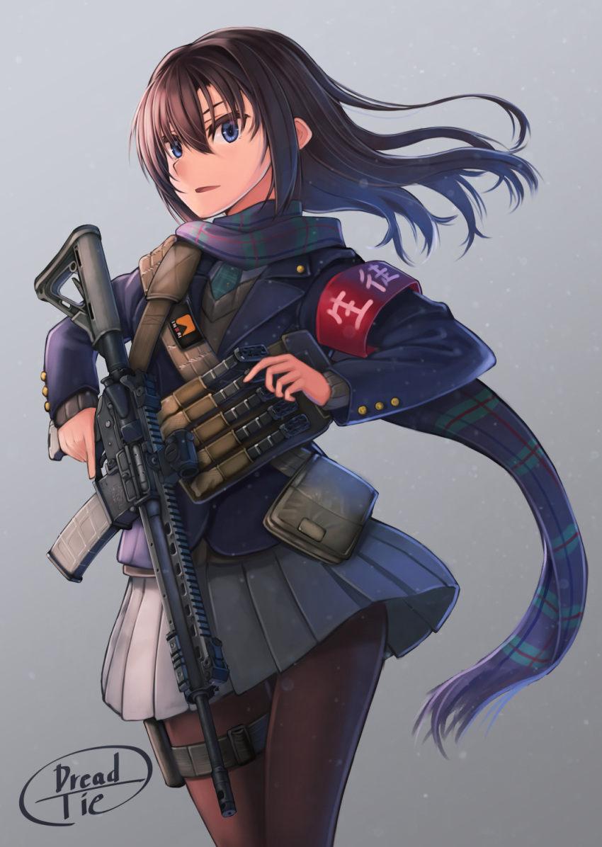 1girl armband artist_name black_hair black_legwear blue_eyes blush dreadtie eyebrows green_neckwear grey_skirt gun highres holding holding_gun holding_weapon long_hair long_sleeves looking_at_viewer original pantyhose parted_lips purple_scarf scarf skirt smile solo weapon