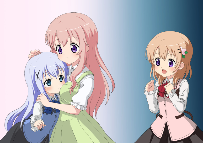 3girls bangs black_skirt blue_eyes blue_neckwear blue_vest bluebrute blush bow bowtie breasts buttons closed_mouth collared_shirt commentary_request cowboy_shot dress eyebrows_visible_through_hair flat_chest gochuumon_wa_usagi_desu_ka? gradient gradient_background green_dress hair_ornament hairclip hand_on_another's_head heads-up_display hoto_cocoa hoto_mocha kafuu_chino light_blue_hair long_hair long_sleeves looking_at_another medium_breasts multiple_girls open_mouth orange_hair parted_lips petting puffy_short_sleeves puffy_sleeves rabbit_house_uniform red_neckwear shirt short_sleeves siblings sidelocks sisters skirt small_breasts smile two-tone_background undershirt vest violet_eyes white_shirt wing_collar x_hair_ornament