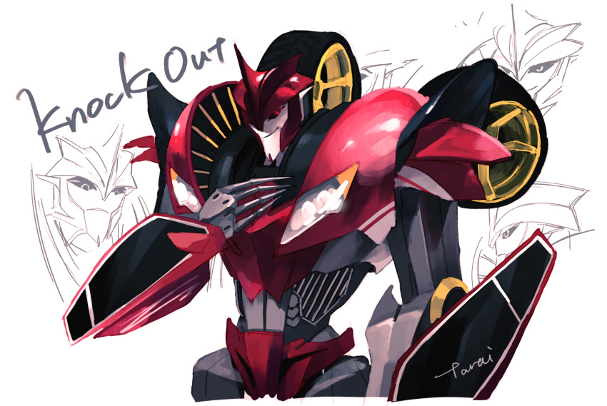1boy character_name claws decepticon hand_on_own_chest highres knockout_(transformers) looking_at_viewer machine machinery mecha no_humans personification red_eyes robot simple_background smile solo standing tarai transformers transformers_prime upper_body wheels white_background