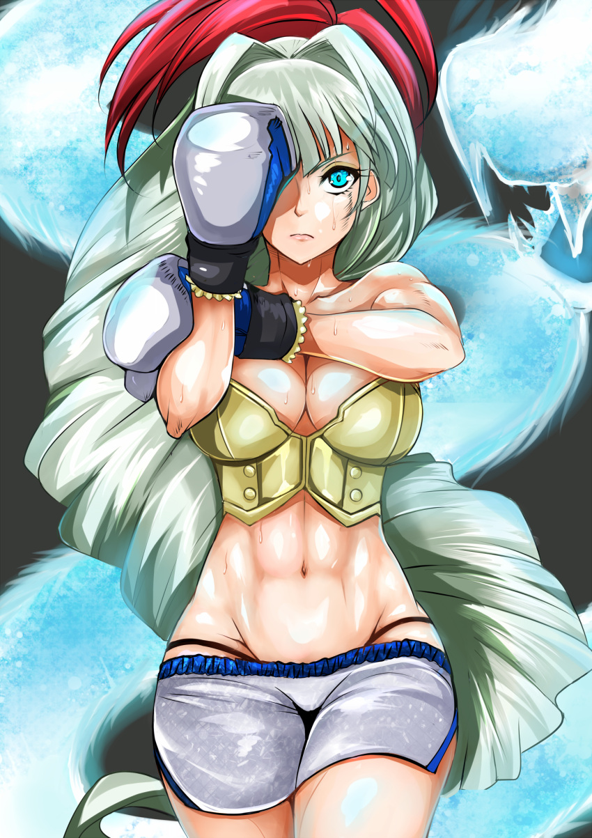 1girl abs bare_shoulders blocking blue_eyes boxing_gloves breasts bustier cleavage covering_one_eye dragon drill_hair green_hair highres large_breasts long_hair looking_at_viewer muscle muscular_female nonoririn saint-germain_(symphogear) senki_zesshou_symphogear short_shorts shorts slit solo thong very_long_hair