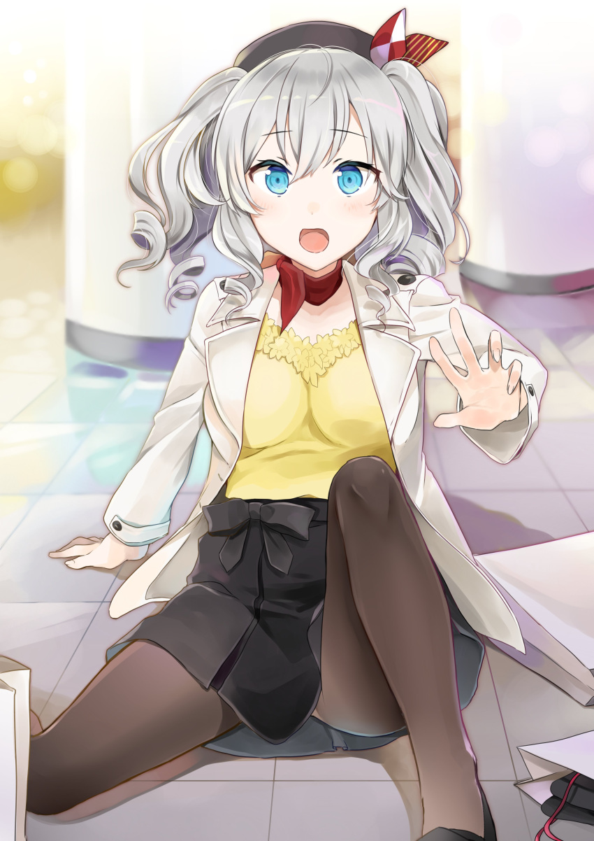 1girl absurdres alternate_costume beret black_legwear black_skirt blue_eyes breasts commentary_request hand_up hat highres jacket kantai_collection kashima_(kantai_collection) kerchief large_breasts long_hair open_mouth pantyhose shirt silver_hair sitting_on_floor skirt solo two_side_up yellow_shirt yuna_(yukiyuna)