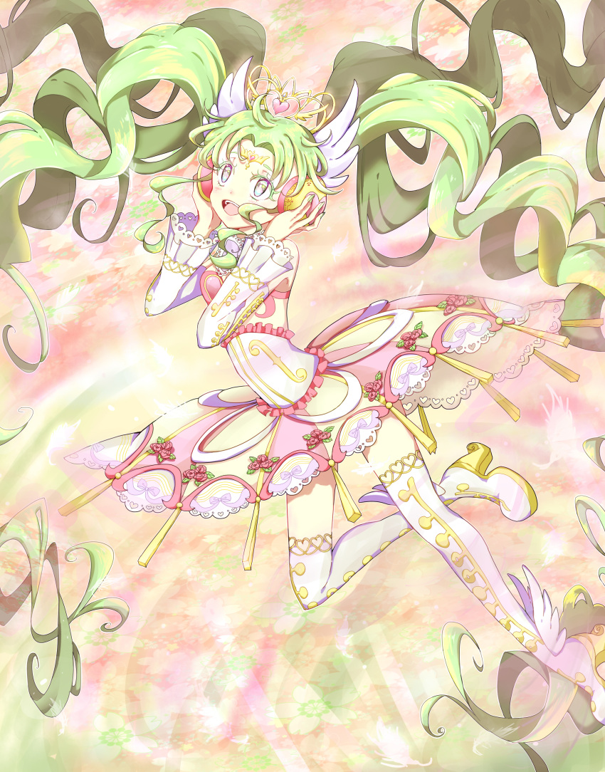 1girl absurdres bangs bare_shoulders blush boots bubble_skirt colored_eyelashes commentary_request drill_hair eyelashes falulu forehead_jewel green_hair headphones heart high_heel_boots high_heels highres long_hair long_sleeves mochiusa_(nasunasu0523) open_mouth parted_bangs pripara puffy_long_sleeves puffy_sleeves skirt smile solo thigh-highs thigh_boots tiara twintails winged_hair_ornament zettai_ryouiki