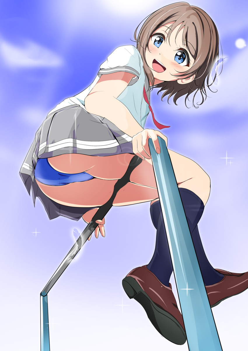 1girl absurdres ankoiri arm_support ass black_legwear blue_eyes blue_panties brown_footwear brown_hair clouds cloudy_sky day from_below full_body grey_skirt highres kneehighs loafers looking_at_viewer looking_back love_live! love_live!_sunshine!! miniskirt neckerchief open_mouth outdoors panties pantyshot playground pleated_skirt red_neckwear school_uniform serafuku shoes short_hair short_sleeves sitting skindentation skirt sky smile solo sparkle striped striped_skirt underwear upskirt uranohoshi_school_uniform watanabe_you