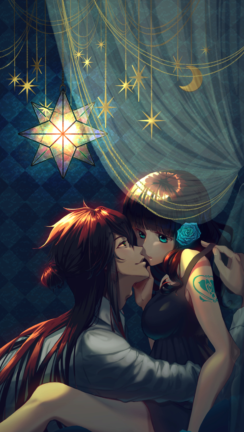 1boy 1girl absurdres adam's_apple black_dress blue_eyes breasts brown_eyes brown_hair cardia_beckford code:realize dress eye_contact hair_bun hetero highres imminent_kiss impicane_barbey long_hair looking_at_another medium_breasts senra_(sen_1022) star strap_pull tattoo