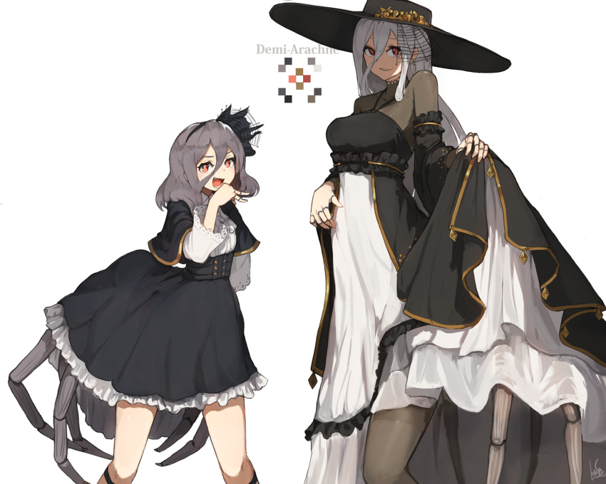 2girls :d arachne black_dress breasts bright_pupils capelet detached_sleeves dress dress_lift fang grey_hair grey_legwear grin hair_between_eyes hat insect_girl lansane large_breasts long_hair long_sleeves looking_at_viewer monster_girl multiple_girls open_mouth original pantyhose red_eyes see-through shirt silk simple_background skirt_hold smile spider_girl spider_web standing sun_hat white_background white_hair white_shirt wide_sleeves
