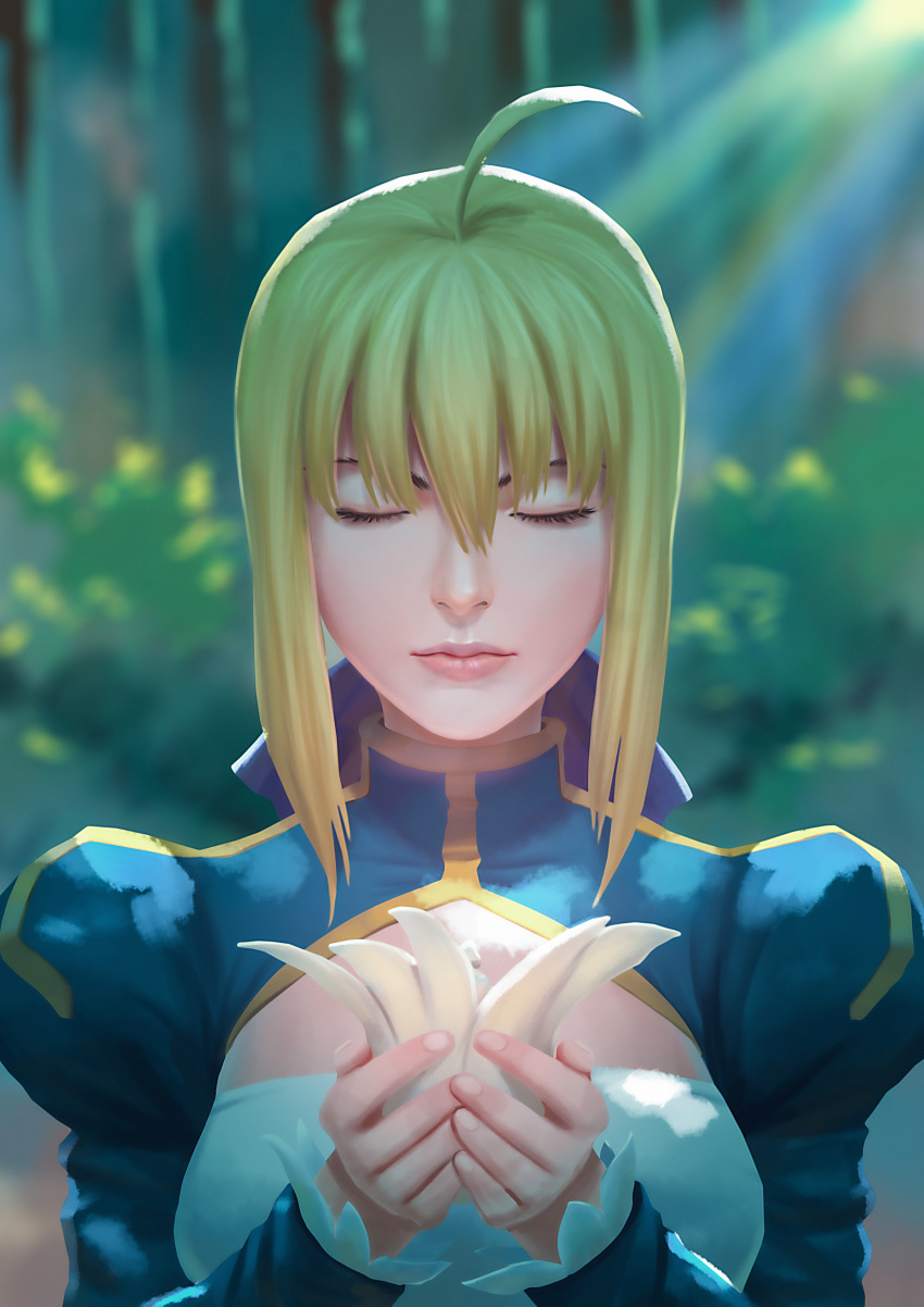 1girl absurdres ahoge artoria_pendragon_(all) blonde_hair blue_dress blue_ribbon blurry blurry_background breasts cleavage_cutout closed_eyes closed_mouth dappled_sunlight depth_of_field dress facing_viewer fate/stay_night fate_(series) fateline_alpha flower forest hair_between_eyes hair_ribbon highres holding holding_flower juliet_sleeves long_sleeves medium_breasts nature pink_lips puffy_sleeves realistic ribbon saber shirt sidelocks solo sunlight tree upper_body white_shirt