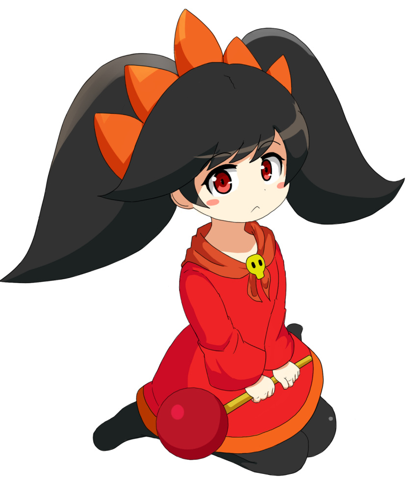 1girl :&lt; ashley_(warioware) bangs big_hair black_hair black_legwear blush_stickers christmas closed_mouth commentary_request dress eyebrows_visible_through_hair flat_chest full_body hairband highres holding holding_staff korutana long_hair long_sleeves looking_at_viewer neckerchief no_shoes orange_hairband orange_neckwear pantyhose red_dress red_eyes simple_background sitting skull solo staff swept_bangs twintails warioware wariza white_background