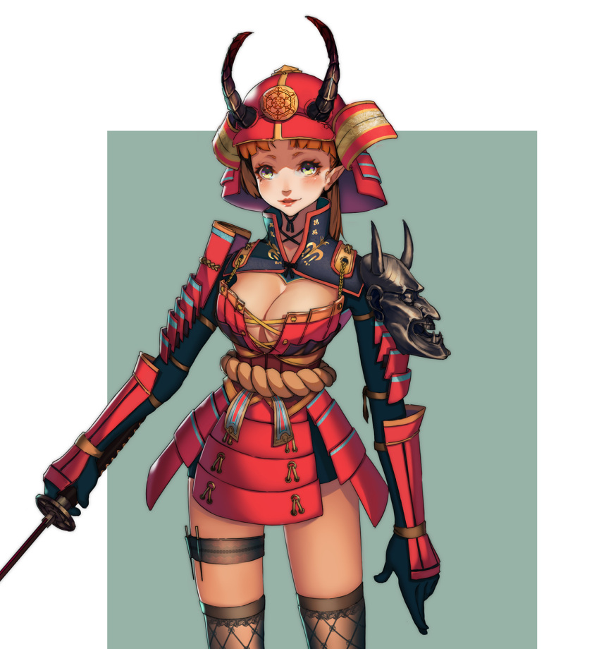 1girl armor black_gloves breasts cleavage corset gloves green_eyes helmet highres holding holding_sword holding_weapon japanese_armor katana long_hair mask medium_breasts nako_(ayasakinako) no_bra open_mouth orange_hair pointy_ears red_lips samurai shoulder_armor smile solo sword thigh-highs thigh_strap weapon yellow_eyes