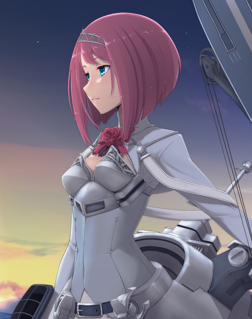 1girl anchor ark_royal_(kantai_collection) black_belt blue_eyes bob_cut breasts buttons cleavage_cutout corset dress dusk grey_dress highres kantai_collection lips long_sleeves looking_to_the_side ocean parted_lips red_neckwear redhead rigging shiny shiny_hair sky small_breasts smokestack solo teeth tiara tr-6 upper_body