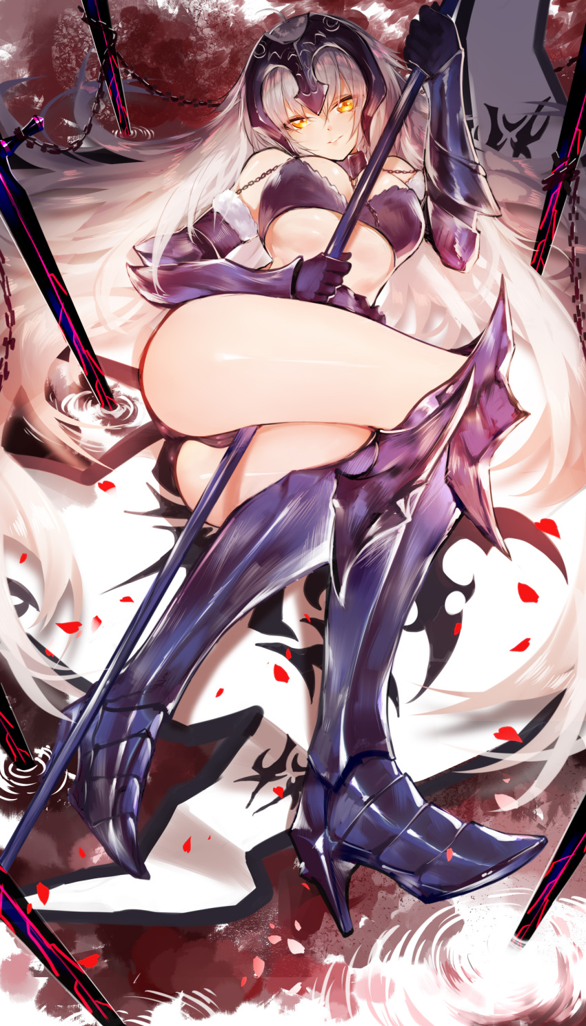 1girl absurdres armor ass blue_footwear bra breasts fate/grand_order fate_(series) highres horz jeanne_alter legs legs_crossed long_hair looking_at_viewer lying medium_breasts metal_boots metal_gloves on_side ruler_(fate/apocrypha) sketch smile solo staff sword underwear weapon white_hair yellow_eyes