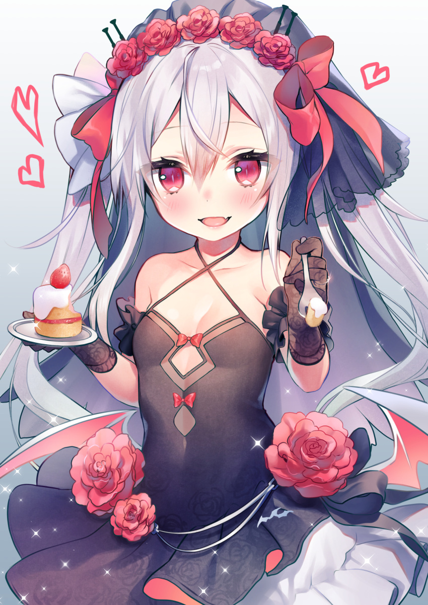 1girl :d azur_lane black_dress black_gloves blush breasts cake cleavage criss-cross_halter dress fang flower food fruit gloves gradient gradient_background hair_between_eyes halterneck heart highres long_hair looking_at_viewer open_mouth pink_eyes shirako_sei silver_hair simple_background small_breasts smile solo strawberry vampire_(azur_lane) veil