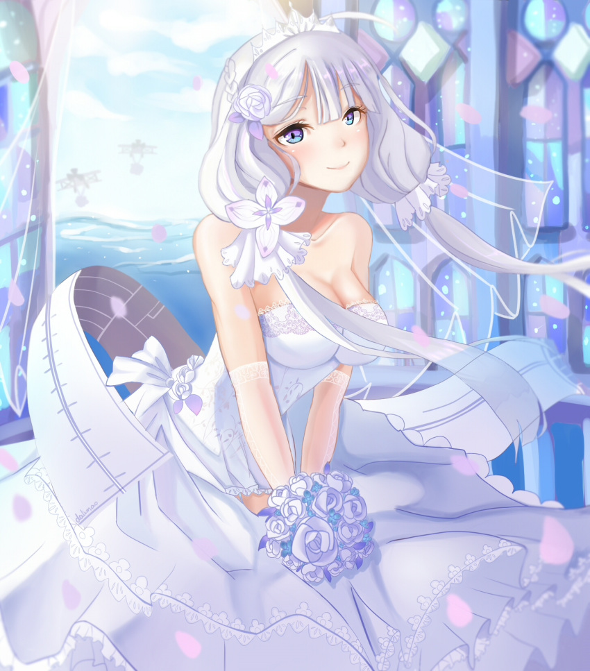 1girl azur_lane bangs bare_shoulders blue_eyes bouquet breasts cleavage collarbone dalimao dress elbow_gloves flower gloves hair_flower hair_ornament highres holding holding_bouquet illustrious_(azur_lane) lace lace-trimmed_dress large_breasts long_hair looking_at_viewer low_twintails rose smile solo strapless strapless_dress tiara twintails v_arms wedding_dress white_dress white_hair white_rose wind