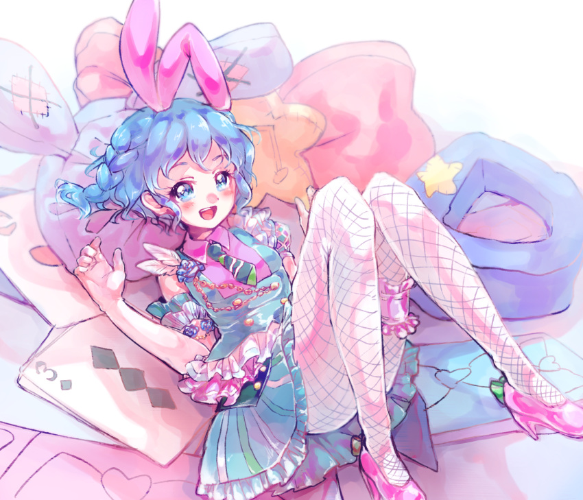 1girl :d animal_ears armband blue_dress blush_stickers braid card dorothy_west dress fishnets high_heels highres looking_at_viewer lying necktie noromame on_back open_mouth pillow pink_bunny_ears pink_footwear playing_card pripara rabbit_ears short_hair short_necktie sleeveless smile solo spade_(shape) striped_neckwear stuffed_animal stuffed_bunny stuffed_toy