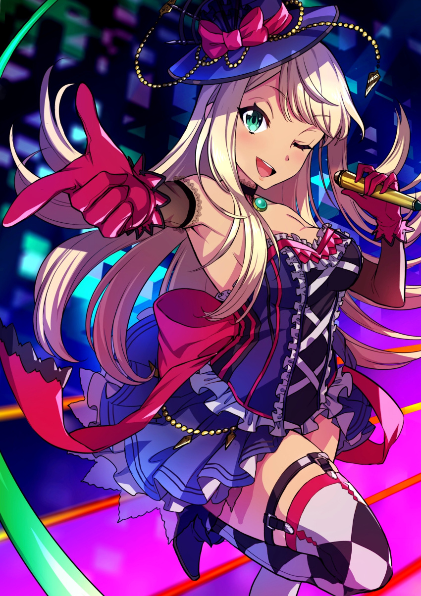 1girl ;d absurdres alessandra_susu argyle argyle_legwear armpits bare_shoulders black_dress blonde_hair blue_eyes blush breasts choker cleavage cowboy_shot dress foreshortening frilled_choker frills gloves hat highres idol leg_up long_hair looking_at_viewer maruchi medium_breasts microphone one_eye_closed open_mouth red_gloves short_dress smile solo standing standing_on_one_leg thigh-highs tokyo_7th_sisters top_hat