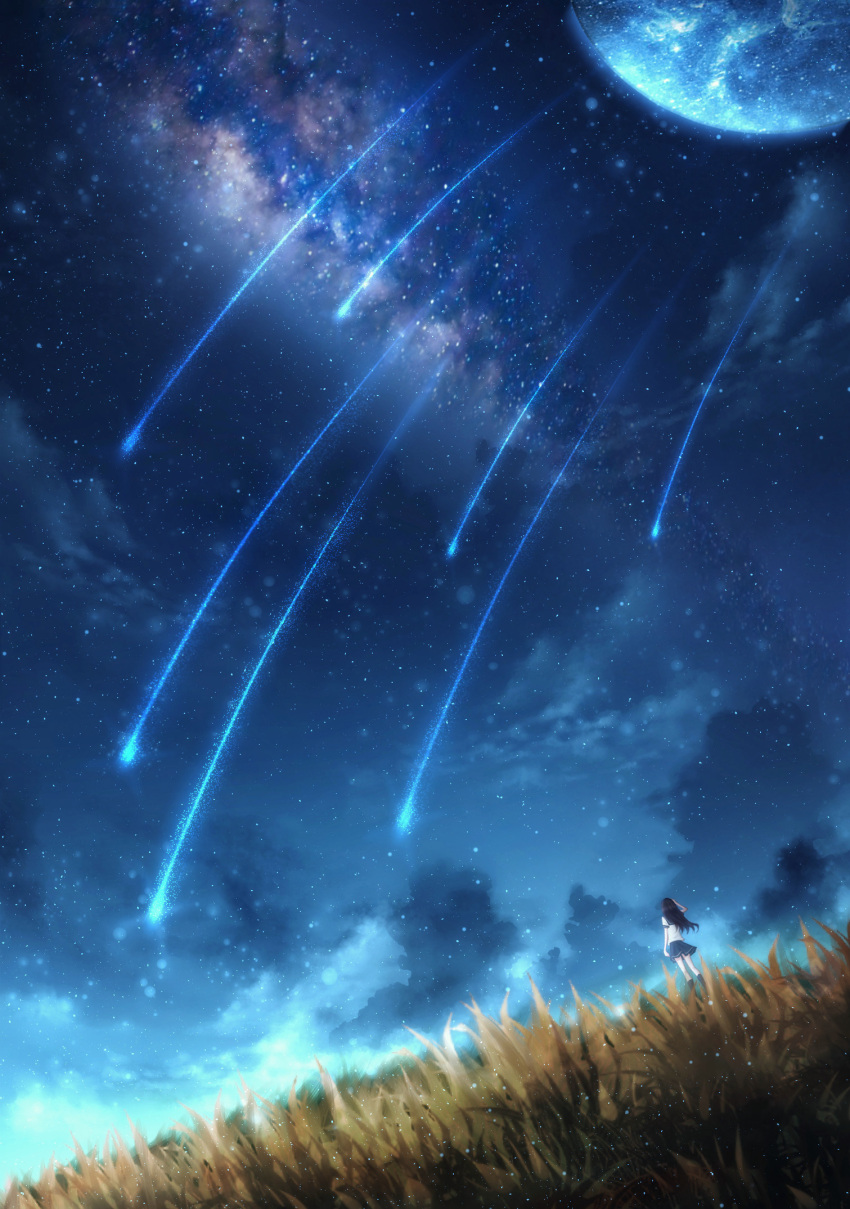1girl black_legwear blue_skirt blue_sky clouds commentary_request czy_(2894456992) facing_away field from_behind grass hand_on_own_head highres long_hair milky_way moon original scenery shirt shooting_star skirt sky socks solo star_(sky) starry_sky white_shirt