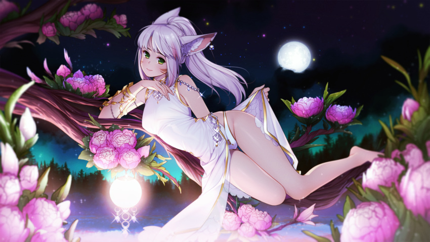 1girl animal_ears cat_ears china_dress chinese_clothes dress earrings eventh7 facial_mark final_fantasy final_fantasy_xiv flower full_moon green_eyes highres jewelry long_hair looking_at_viewer lying miqo'te moon night on_side panties ponytail purple_hair ring side_slit sky sleeveless slit_pupils smile solo star_(sky) starry_sky tree underwear