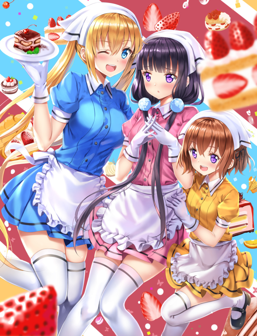 3girls :d :o ;d apron bangs black_footwear blend_s blonde_hair blue_eyes blue_shirt blue_skirt blunt_bangs blurry_foreground blush brown_hair cake collared_shirt commentary_request eyebrows_visible_through_hair food frilled_apron frills fruit gloves hair_between_eyes hand_on_another's_hip head_scarf highres hinata_kaho holding holding_plate hoshikawa_mafuyu interlocked_fingers long_hair looking_away looking_to_the_side low_twintails mary_janes multiple_girls one_eye_closed open_mouth parted_lips pink_shirt pink_skirt plate pleated_skirt pom_pom_(clothes) puffy_short_sleeves puffy_sleeves purple_hair sakuranomiya_maika shirt shoes short_hair short_sleeves skirt slice_of_cake smile standing standing_on_one_leg strawberry strawberry_shortcake swordsouls tareme thigh-highs twintails uniform very_long_hair violet_eyes wafer_stick waist_apron waitress white_apron white_gloves white_legwear yellow_shirt yellow_skirt