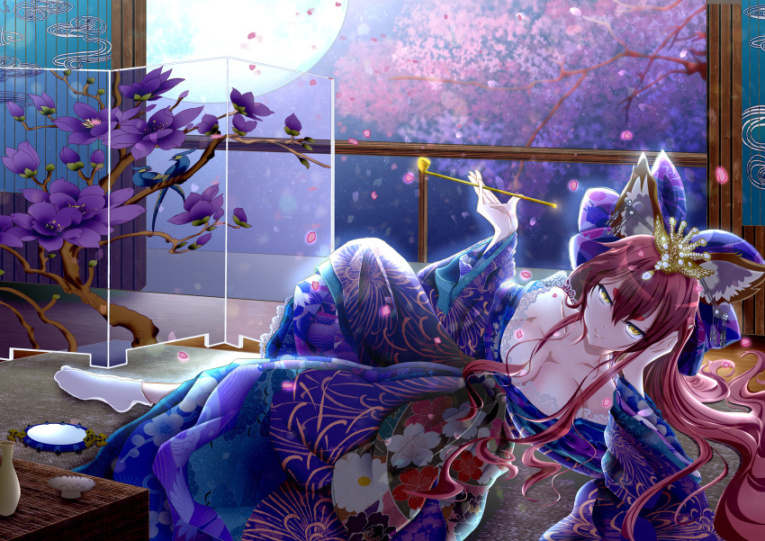 1girl absurdres animal_ears backlighting bare_shoulders blossom bow breasts cleavage collarbone fate/extra fate/extra_ccc fate_(series) fox_ears fox_tail hair_bow hair_ribbon highres japanese_clothes kimono large_breasts looking_at_viewer lying mirror moon on_side pink_hair ribbon solo suiten_nikkou_amaterasu_yanoshisu_ishi tail tamamo_(fate)_(all) tamamo_no_mae_(fate) tree yellow_eyes