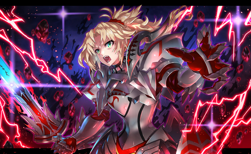1girl angry aqua_eyes armor aura blonde_hair braid breastplate commentary_request d: d:&lt; debris electricity fate/apocrypha fate_(series) gauntlets highres holding holding_sword holding_weapon letterboxed open_mouth outside_border pauldrons ponytail saber_of_red scrunchie solo standing sword toshi_gahara weapon