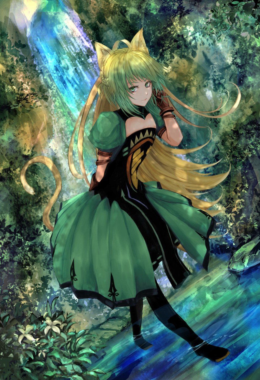 1girl ahoge animal_ears archer_of_red blonde_hair boots cat_ears cat_tail dress fate/apocrypha fate_(series) flat_chest gloves green_eyes highres long_hair multicolored_hair solo tail two-tone_hair