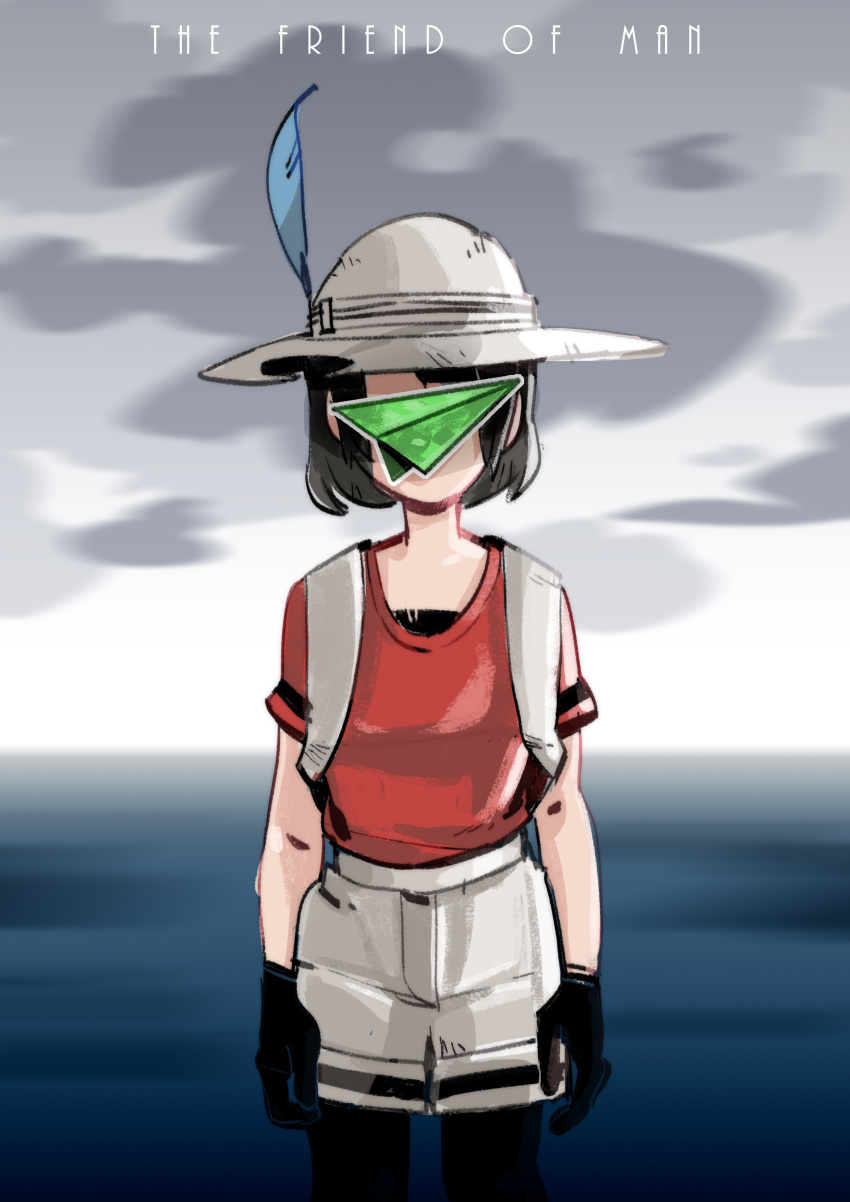 1girl absurdres backpack bag black_gloves black_hair black_legwear blurry blurry_background bucket_hat clouds cloudy_sky commentary covered_face cowboy_shot day depth_of_field english facing_viewer fine_art_parody gloves grey_shorts hat hat_feather highres horizon jiuzhua-rio kaban_(kemono_friends) kemono_friends le_fils_de_l'homme ocean outdoors pantyhose paper_airplane parody red_shirt shirt short_hair shorts sky solo standing title_parody